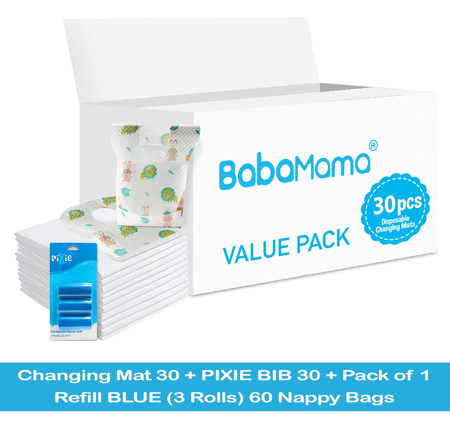 BABAMAMA Changing Mat 30 + PIXIE BIB 30 + Pack of 1 Refill BLUE (3 Rolls) 60 Nappy Bag بساط تغيير الحفاضات من باباماما 30 + مريلة بيكسي 30 + عبوة من قطعة واحدة أزرق قابلة لإعادة التعبئة (3 لفافات) 60 حقيبة حفاضات BABAMAMA Changing Mat 30 + PIXIE BIB 30 + Pack of 1 Refill BLUE (3 Rolls) 60 Nappy Bag بساط تغيير الحفاضات من باباماما 30 + مريلة بيكسي 30 + عبوة من قطعة واحدة أزرق قابلة لإعادة التعبئة (3 لفافات) 60 حقيبة حفاضات